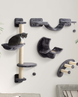 PawHut Cat Activity Climber Wall-Mounted Scratching Post Moon Hammock Set Grey