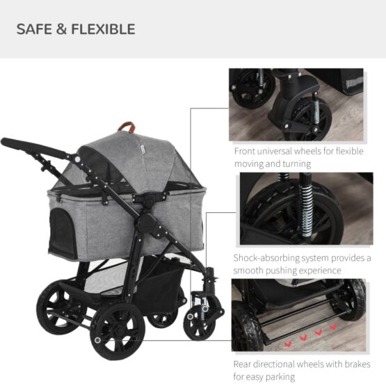 PawHut No-Zip Detachable Carriage Dog Stroller Grey - Image 7