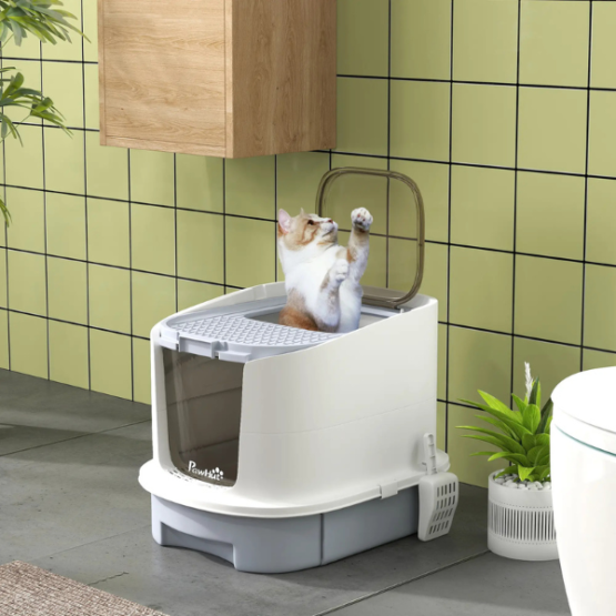 PawHut Enclosed High-Edge Cat Flap Litter Box White