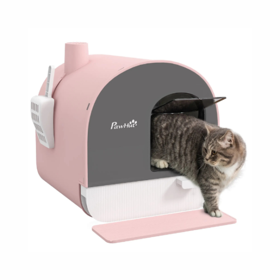 PawHut Enclosed Igloo Pod Cat Flap Litter Box Pink