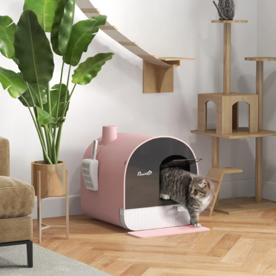 PawHut Enclosed Igloo Pod Cat Flap Litter Box Pink - Image 3