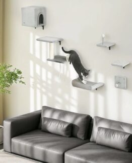 PawHut Cat Activity Plush Climber Wall-Mounted Scratching Post Condo Set Grey