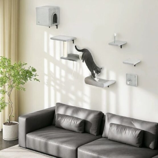 PawHut Cat Activity Plush Climber Wall-Mounted Scratching Post Condo Set Grey