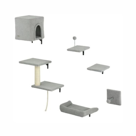 PawHut Cat Activity Plush Climber Wall-Mounted Scratching Post Condo Set Grey - Image 2