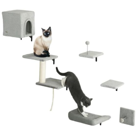 PawHut Cat Activity Plush Climber Wall-Mounted Scratching Post Condo Set Grey - Image 4
