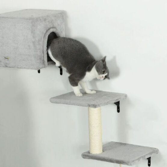 PawHut Cat Activity Plush Climber Wall-Mounted Scratching Post Condo Set Grey - Image 5