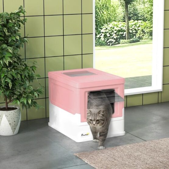 PawHut Enclosed High Edge Pod Cat Litter Box Pink