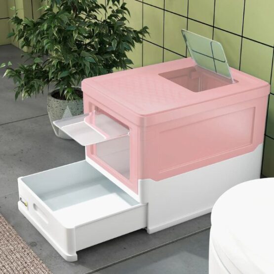 PawHut Enclosed High Edge Pod Cat Litter Box Pink - Image 3