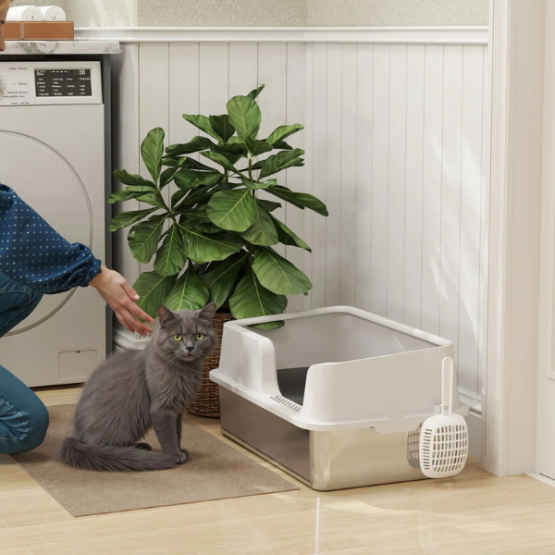 PawHut Stainless Steel Odour-Resistant Cat Litter Box