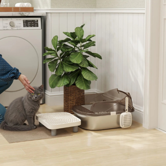 PawHut Stainless Steel Odour-Resistant Ear Shaped Lid Oval Cat Litter Box - Image 4