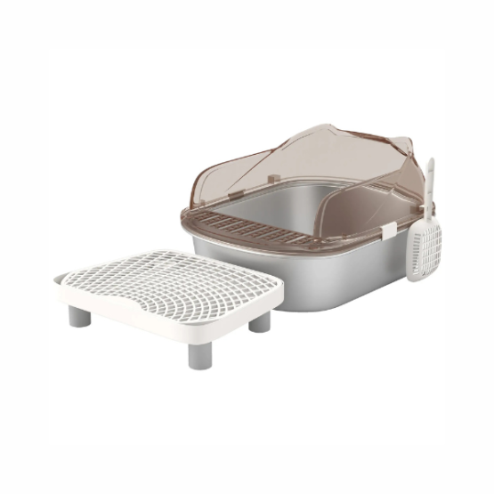 PawHut Stainless Steel Odour-Resistant Ear Shaped Lid Oval Cat Litter Box