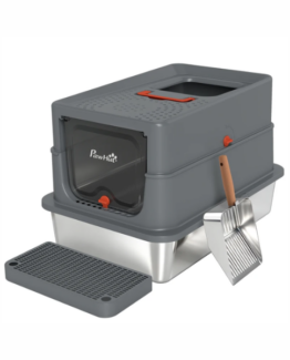 PawHut Stainless Steel Enclosed High-Edge Cat Litter Box Grey
