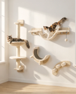 PawHut Cat Activity Climber Wall-Mounted Scratching Post Moon Hammock Set Beige